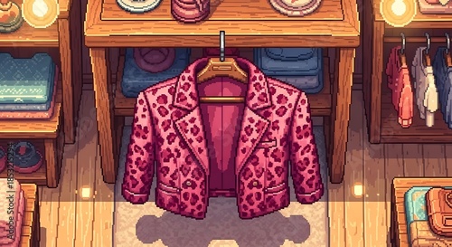 Pink Leopard Print Blazer Hanging In A Cozy Pixel Art Wardrobe.