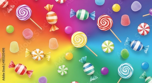 Colorful Assorted Candies and Lollipops Scattered on Rainbow Gradient Background.