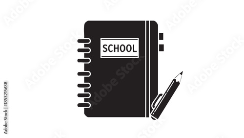 Black spiral notebook with SCHOL label and pencil on white background Keywords: notebook