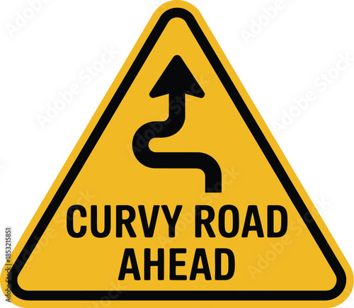 Yellow road sign warning of curvy road ahead