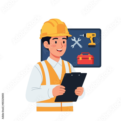 Construction Worker Holding Clipboard and Tools.