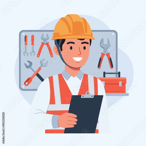 Construction Worker Holding Clipboard and Tools.