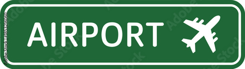 Green airport sign with airplane icon on white background