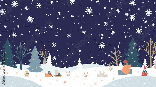 Vector template element featuring a serene winter scene with snowflakes and frosty trees, created in a flat design style with bold lines 