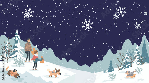 Vector template element featuring a serene winter scene with snowflakes and frosty trees, created in a flat design style with bold lines 