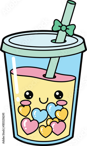 Cute Kawaii Bubble Tea Cup with Hearts and Straw Vector Illustration