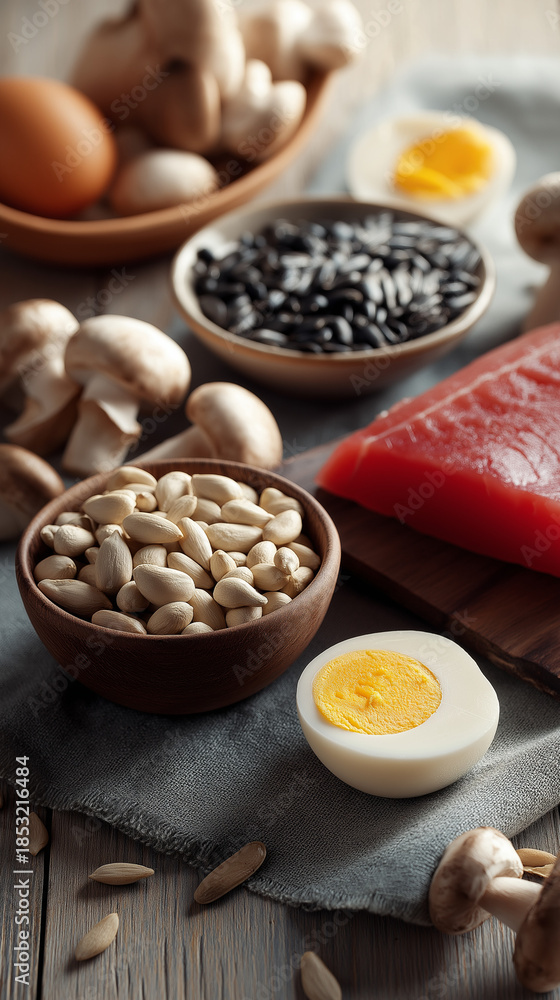 Fototapeta premium Selenium-Rich Healthy Foods Display | Nutritional Ingredients Vertical Composition