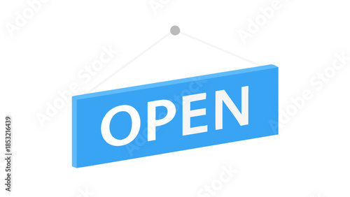 Bright blue 'OPEN' sign prominently displayed, signaling a business is ready for customers and welcoming entry to a shop or store front, indicating active hours and accessibility