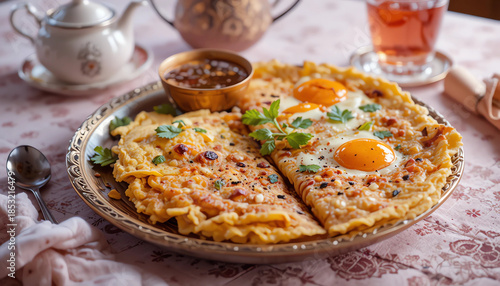 Pretty desi nashta with paratha, omelette and chai, soft warm tones, elegant food styling, professional