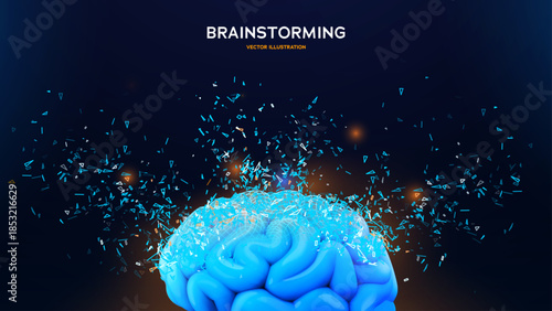 Futuristic Brainstorming Concept With Glowing Human Brain And Digital Data Flow Representing Artificial Intelligence And Creativity. Neural Ideas. Vector Illustration.