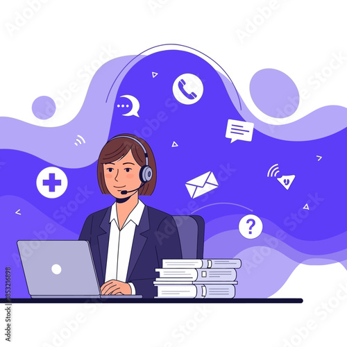 Woman Wearing Headset Working on Laptop.