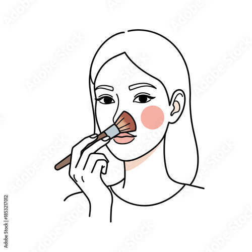 Woman applying blush with brush and smiling in minimalist style  
