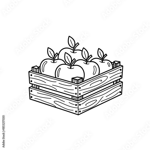 Wooden crate filled with fresh apples in a simple sketch style  