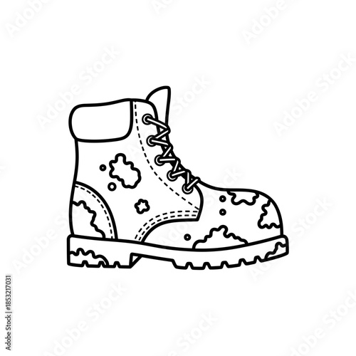 Dirty work boot with scuff marks in a simple line drawing style  