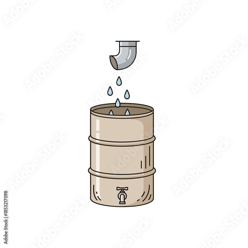 Rain barrel collecting water from drainpipe with droplets falling  