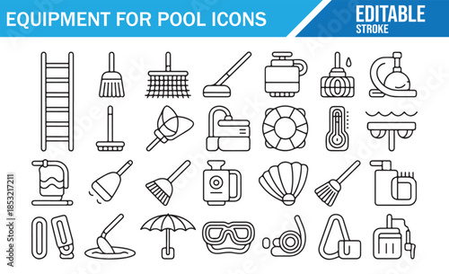 Swimming Pool Gear, Tools, and Accessories Line Icon Set