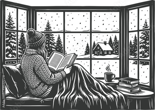 Cozy Winter Reading by Window Vector Illustration