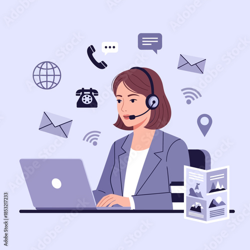 Woman Wearing Headset Working on Laptop.