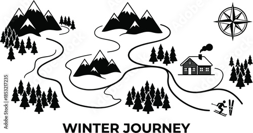 Winter Travel Map with Flat Style Destination Icons