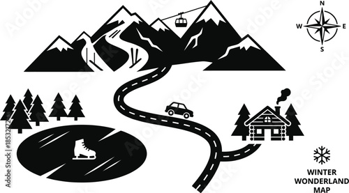 Winter Travel Map with Flat Style Destination Icons