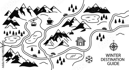 Winter Travel Map with Flat Style Destination Icons
