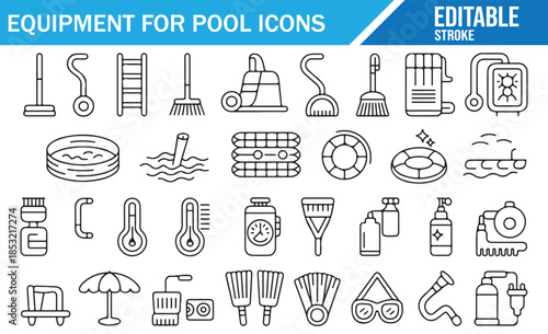 Pool Maintenance, Cleaning, and Safety Equipment Icons