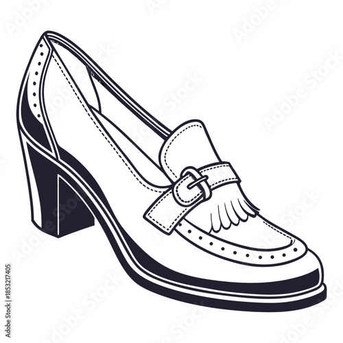 Title: A stylish black and white heel shoe with a buckle strap and decorative stitching on the toe