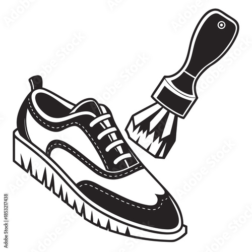 Title: A black and white of a sneaker being cleaned with a brush and a bottle of cleaner