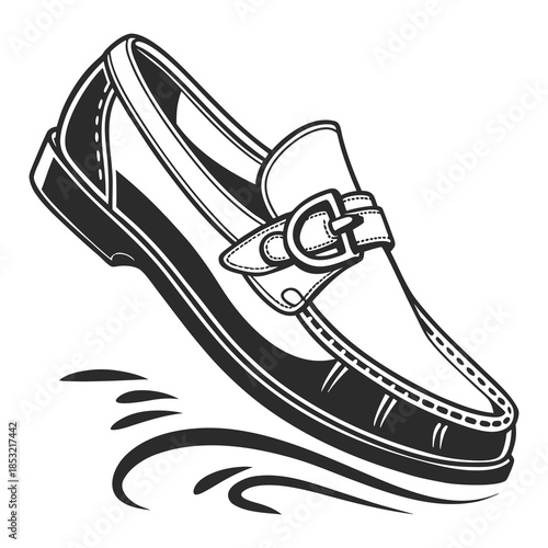 Title: A black and white of a classic leather dress shoe with a buckle and pointed toe