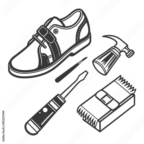 Title: A black and white of a sneaker with cleaning tools including a brush and a bottle of cleaner