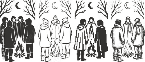 Bonfire gathering in a cozy winter scene vector illustration