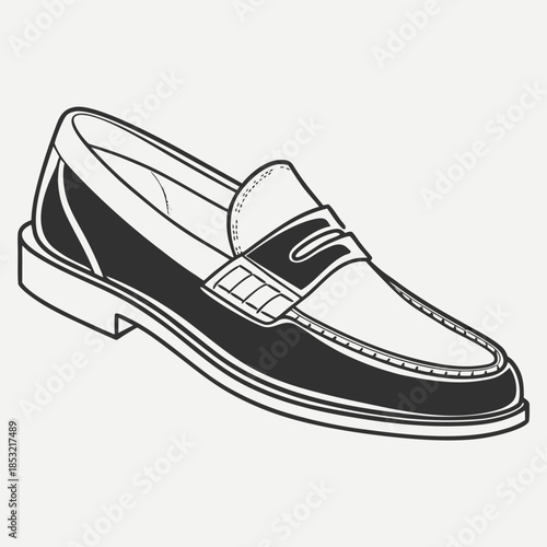Title: A black and white of a dress shoe with a buckle and a thick sole shown in a three-quarter