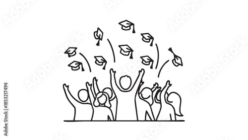 Diverse group of stylized people celebrating graduation tossing caps in the air