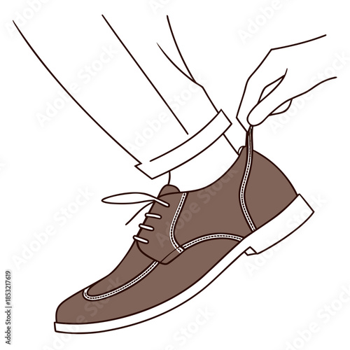 Title: A brown and white illustrated shoe with laces tied in a bow and a white sock peeking out