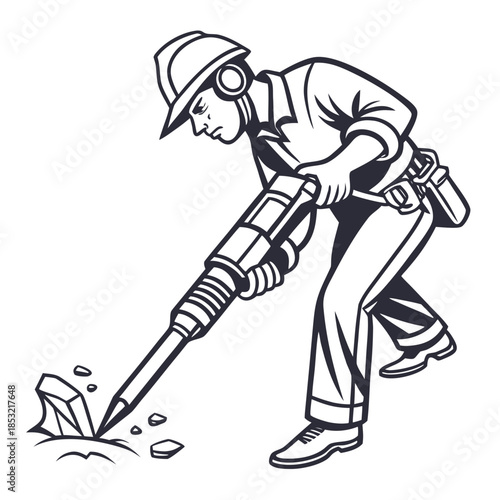 Title: A construction worker in a helmet and goggles is using a jackhammer to break concrete on