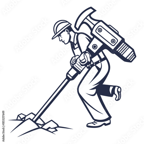Title: A worker in a blue uniform and helmet using a jackhammer to break concrete on the ground