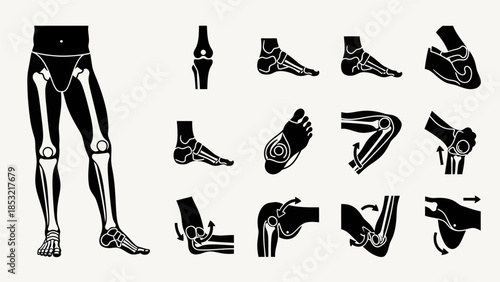 Human anatomy vector set skeletal system and joint movement illustrations