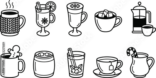 Winter Warm Drinks Menu Icons Vector Set