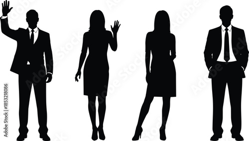 Business people silhouettes, professional attire, standing pose, waving gesture, corporate style, black figures, formal dress, office scene, vector