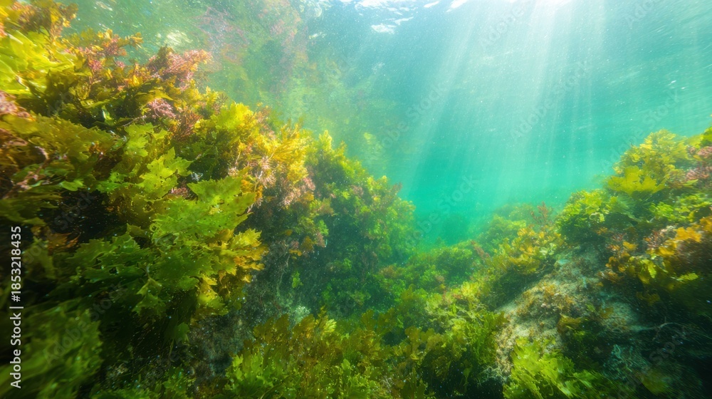 Naklejka premium Underwater scene with seaweed in clear water in a coastal location