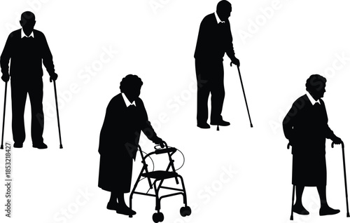 Elderly silhouette illustration, mobility aids, crutches, walker, cane users, aging support, healthcare concept, accessibility, black vector, standing pose