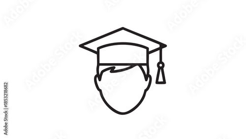 Graduation cap on a simplified human head outline white background Keywords: graduation cap