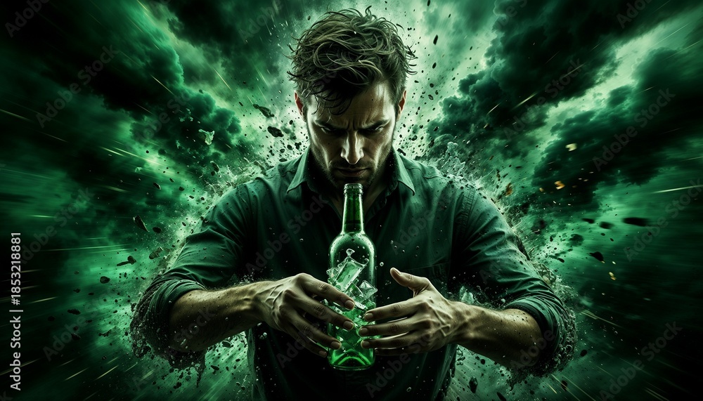 Fototapeta premium Man holding a bottle in thoughtful mood promoting alcohol prevention and responsible choices against a neutral indoor background