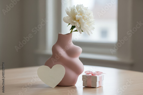 Minimal romantic still life with soft pink sculptural vase holding white flower, small gift box and heart card on wooden table by window, expressing love, tenderness, femininity, modern decor, 