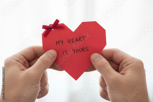 Hands holding red paper heart with handwritten love message “My Heart Is Yours” on soft white background, romantic Valentine’s Day concept symbolizing love, affection, commitment