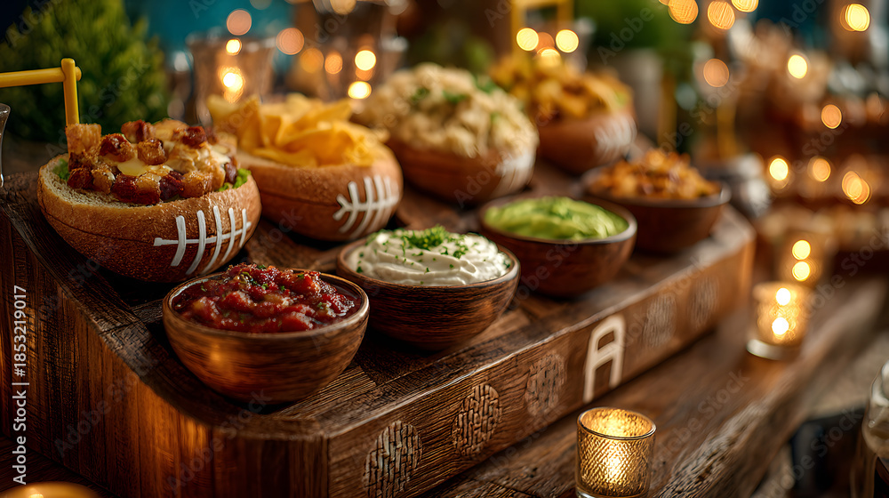 Naklejka premium game day snack setup, close-up of a super bowl snack stadium with mini goalposts, edible fans, and assorted dips, sharply focused against a blurred background