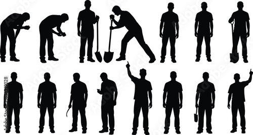 Manual labor silhouettes, construction poses, tool usage, digging action, black vector, posture variety, worker movement, occupational activity, grid layout