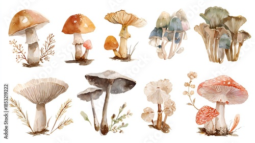 Watercolor Mushroom Collection: Diverse Fungi Illustrations for Botanical Nature Art & Design Projects
