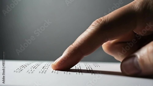 Close-up of a person's finger reading Braille text on a white surface, highlighting tactile communication for the visually impaired.