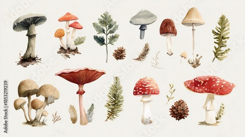 Watercolor Forest Fungi & Botanical Illustrations: Natural Autumn Mushroom Collection, Woodland Plant Elements, Hand-Painted Nature Art

